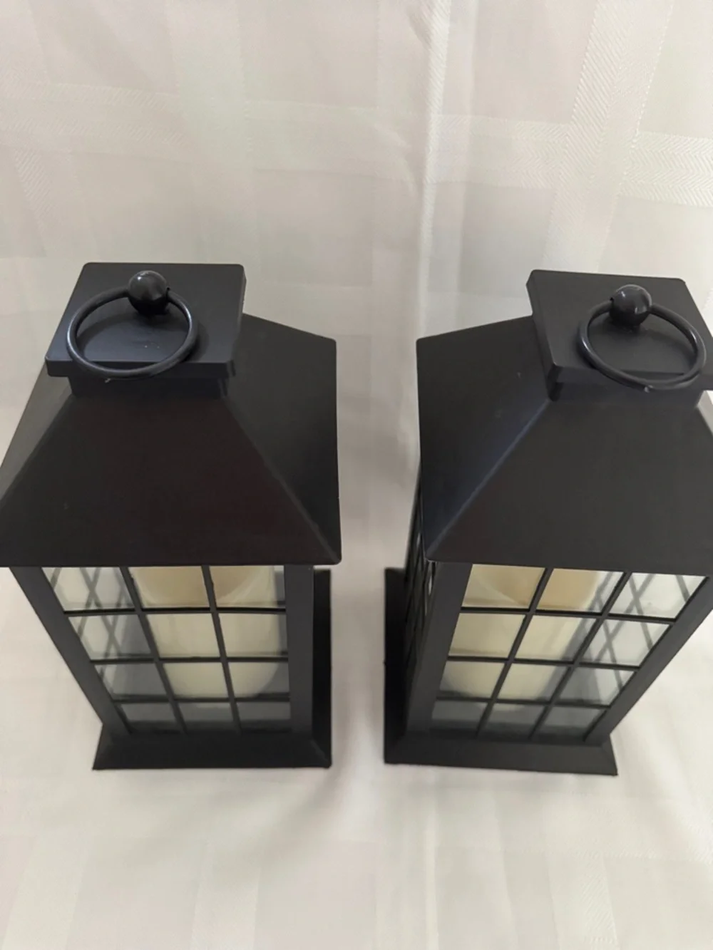 Black Plastic Wall Lanterns with Glass Warm LED Candles - Set of 2 with Timer